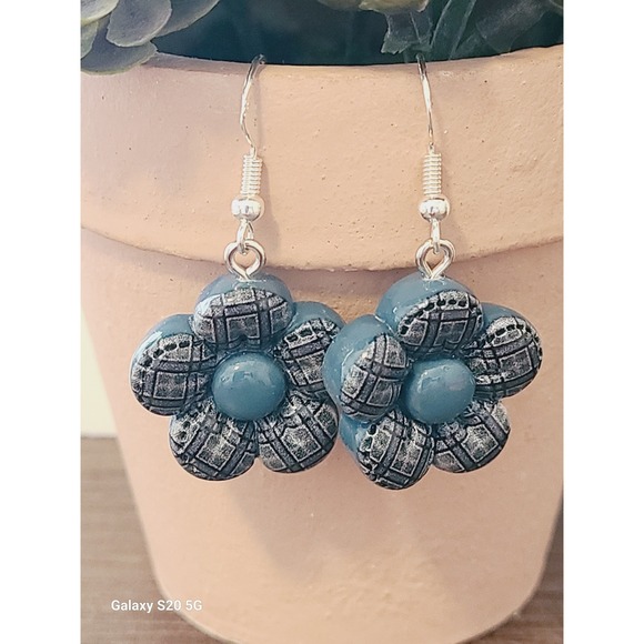 Handmade Blue Plaid Flower Resin Drop Earrings Silver French Hook Floral Dangle - Picture 4 of 9